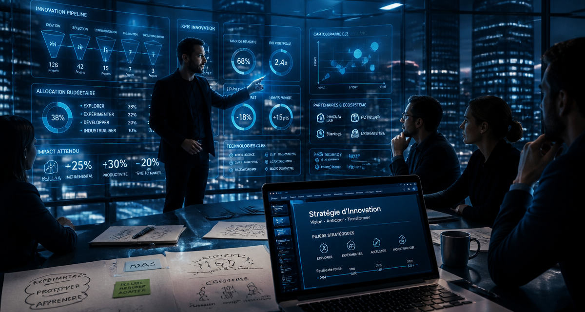 Chief innovation officer devant mur digital en réunion
