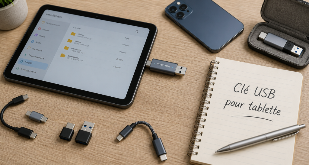 Clé USB pour tablette connectée à une tablette sur bureau