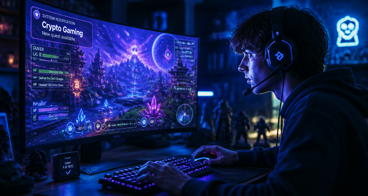 crypto gaming jeune gamer devant écran blockchain