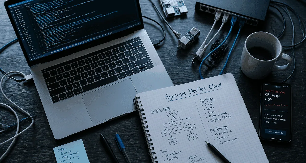 bureau devops cloud avec laptop et carnet