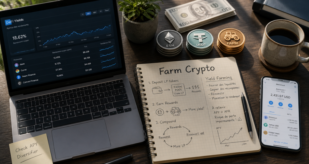 farm crypto ordinateur carnet jetons defi