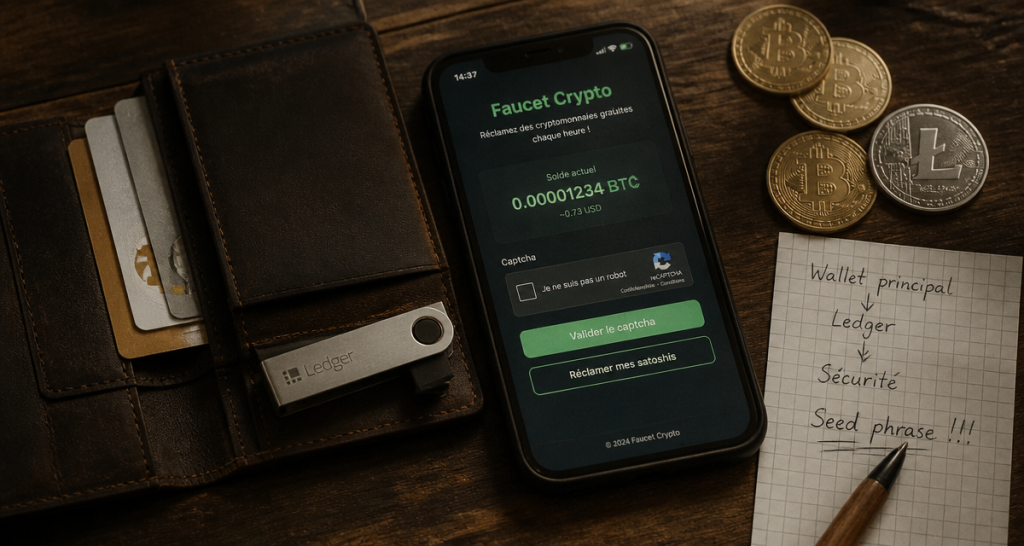faucet crupto interface sur smartphone et portefeuille crypto