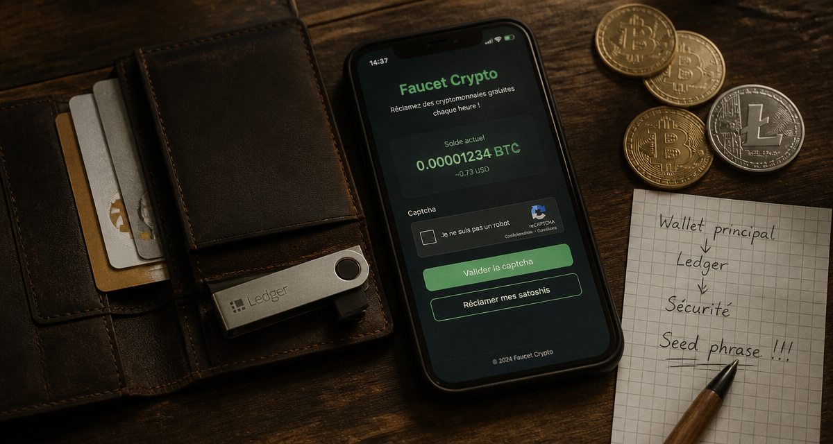 faucet crupto interface sur smartphone et portefeuille crypto