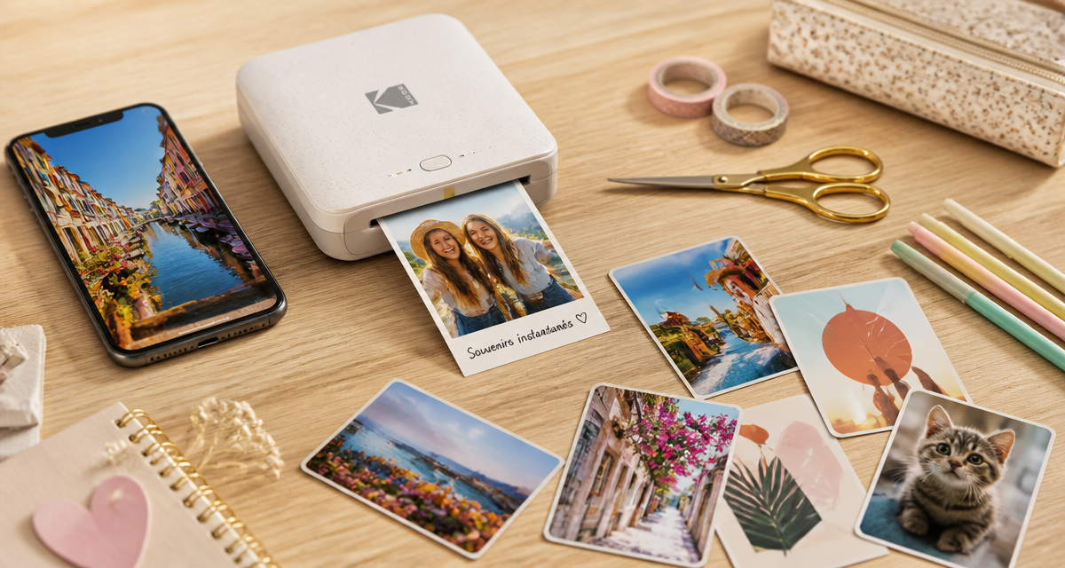 imprimante smartphone avec photos et accessoires sur table