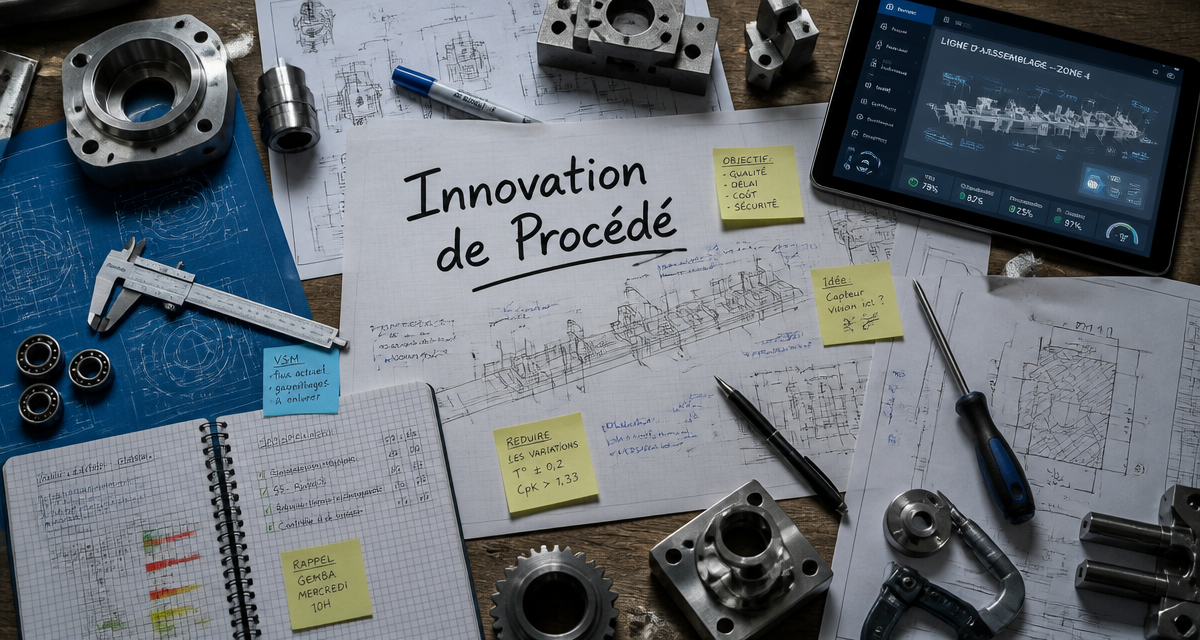 innovation de procédé sur bureau industriel avec plans et outils
