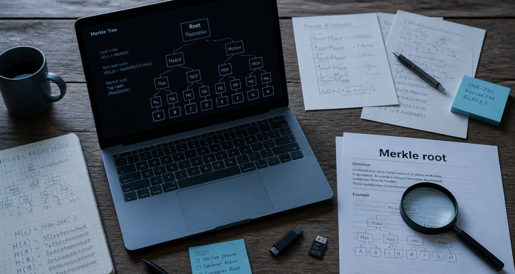schéma merkle root affiché sur ordinateur portable