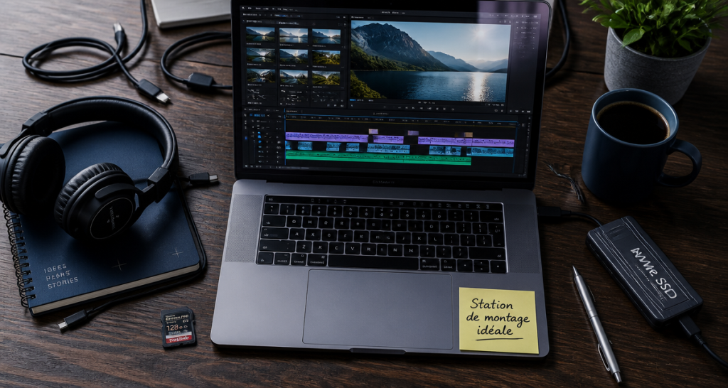 ordinateur portable montage vidéo flat-lay bureau