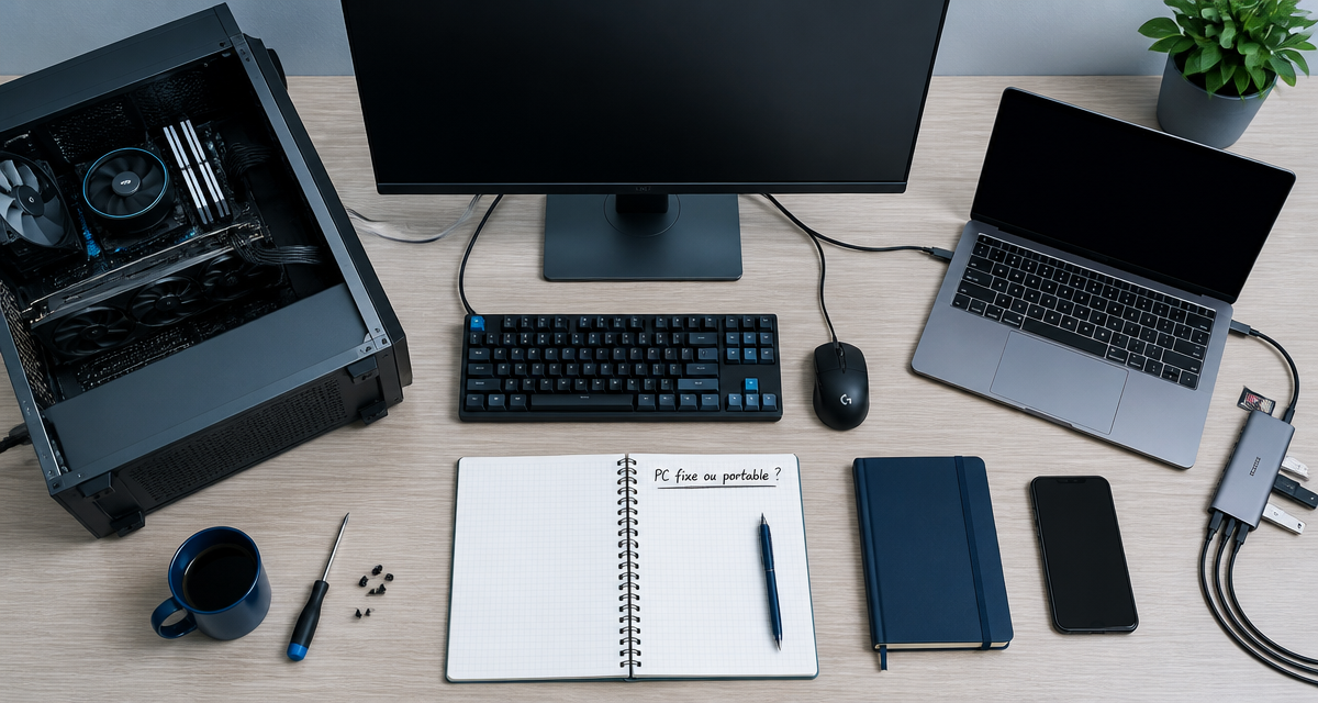 pc fixe ou portable sur bureau en flat-lay