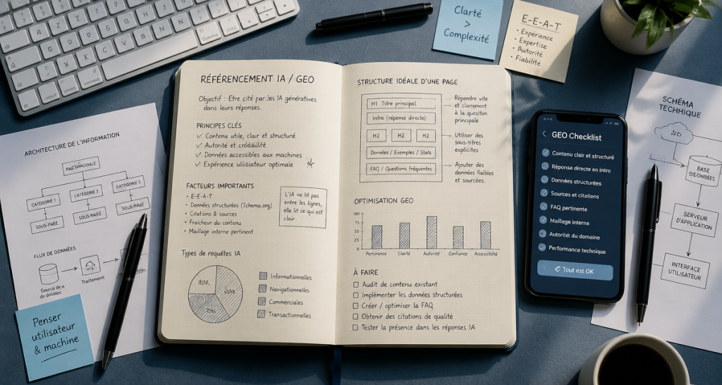 bureau moderne avec carnet référencement ia et checklist
