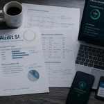 audit en informatique sur bureau avec rapport et ordinateur