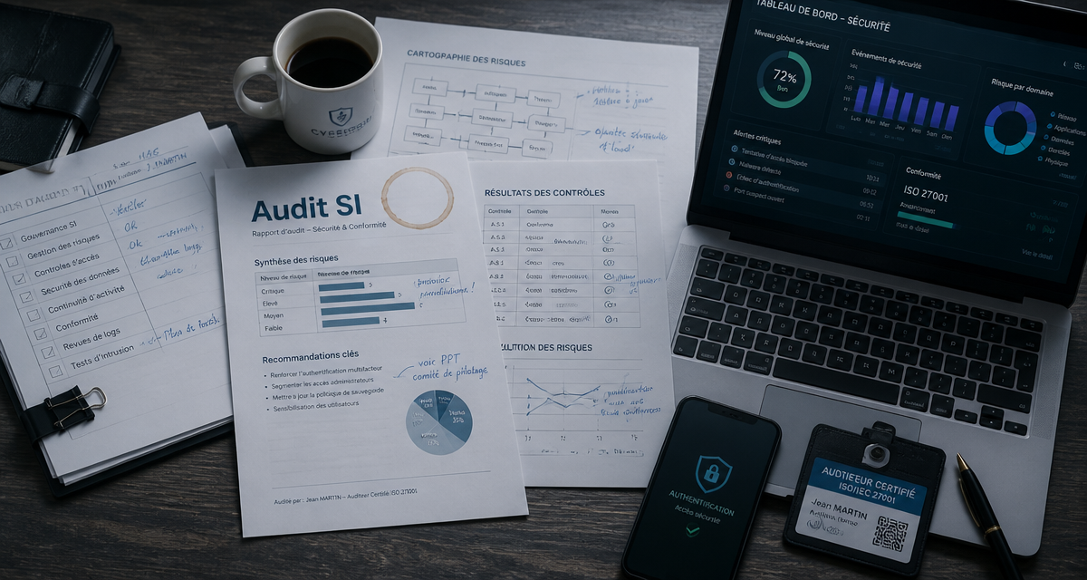 audit en informatique sur bureau avec rapport et ordinateur