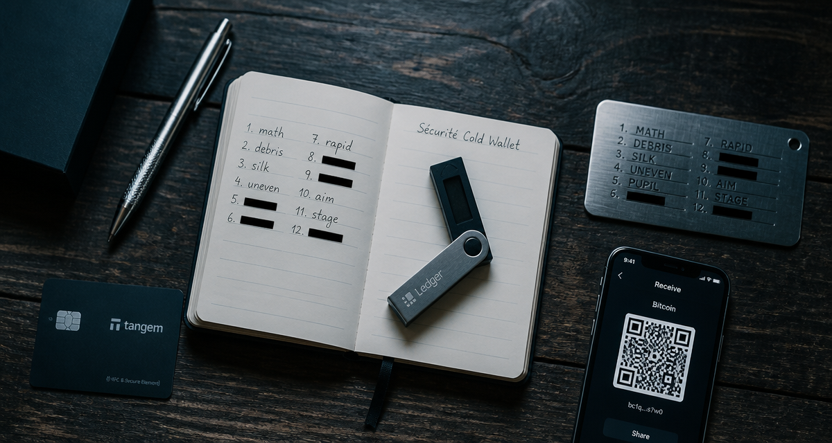Cold wallet crypto sur bureau avec seed phrase et smartphone