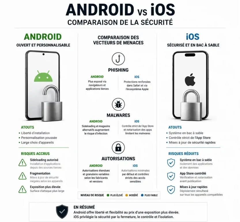 Infographie comparative de la sécurité mobile : différences entre antivirus Android et protection iOS