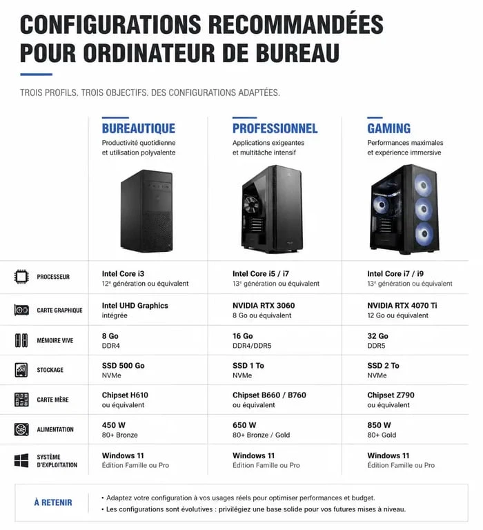 Infographie des configurations recommandées pour choisir le meilleur ordinateur de bureau selon l'usage