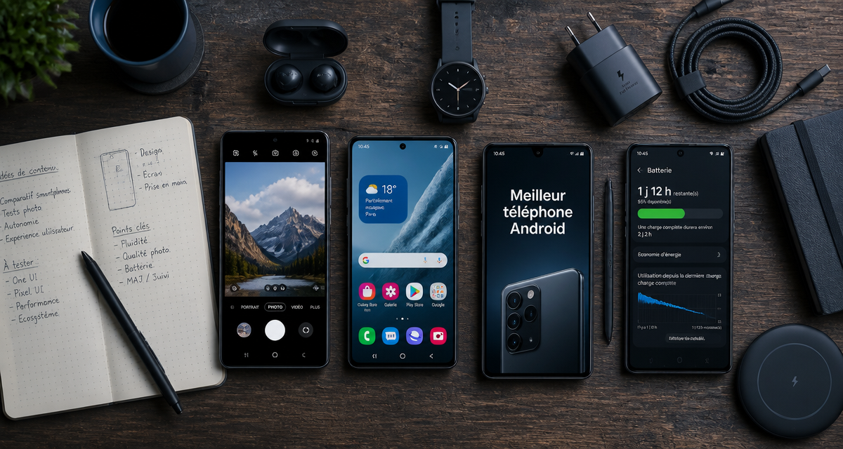 meilleur telephone android flat-lay smartphones et accessoires