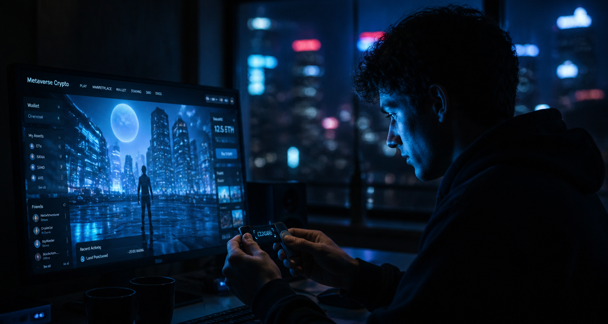 Jeune adulte utilisant un Ledger devant un univers metaverse crypto