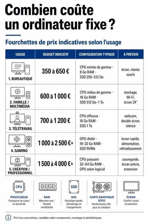 Infographie sur le prix d’un ordinateur fixe selon l’usage et les composants