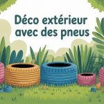deco exterieur avec des pneus recyclés en jardinières et assises