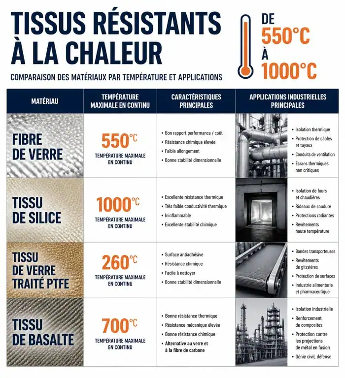 Tableau comparatif des toiles de chaleur par matériau, température et usage industriel