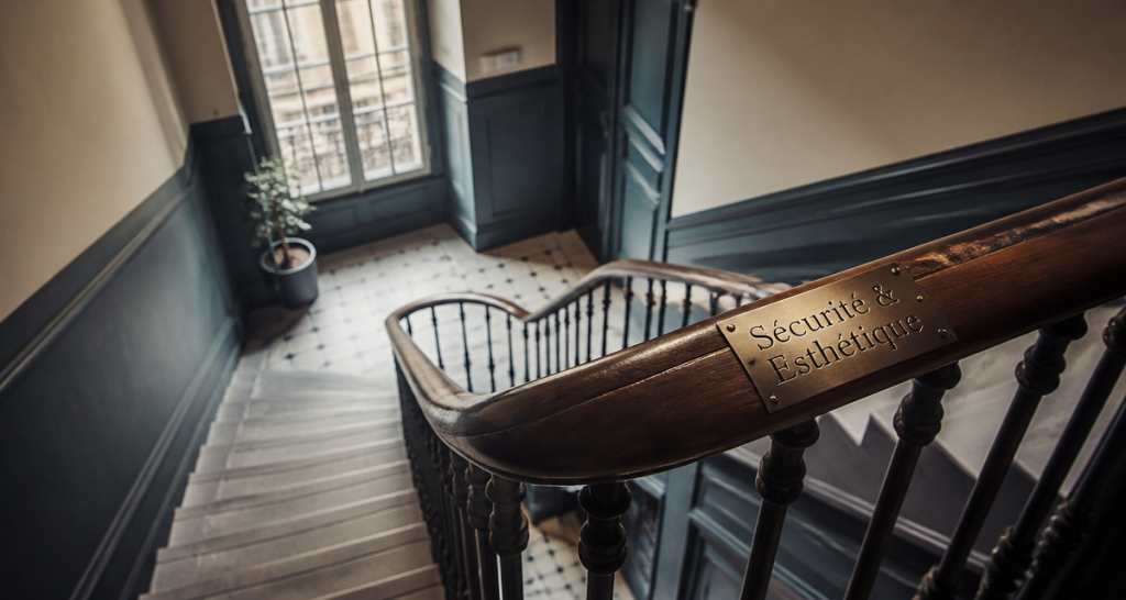 Cage d'escalier immeuble rénovée avec lumière naturelle et main courante bois