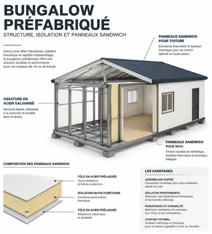 Schéma technique des composants d'un bungalow préfabriqué