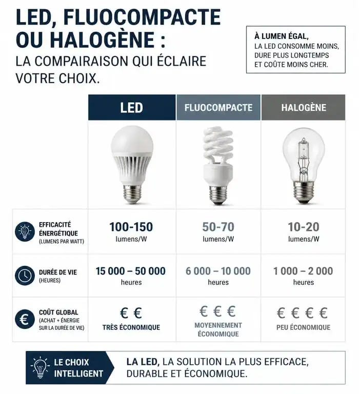 Comparatif des technologies d'ampoules économiques : LED, fluocompacte et halogène