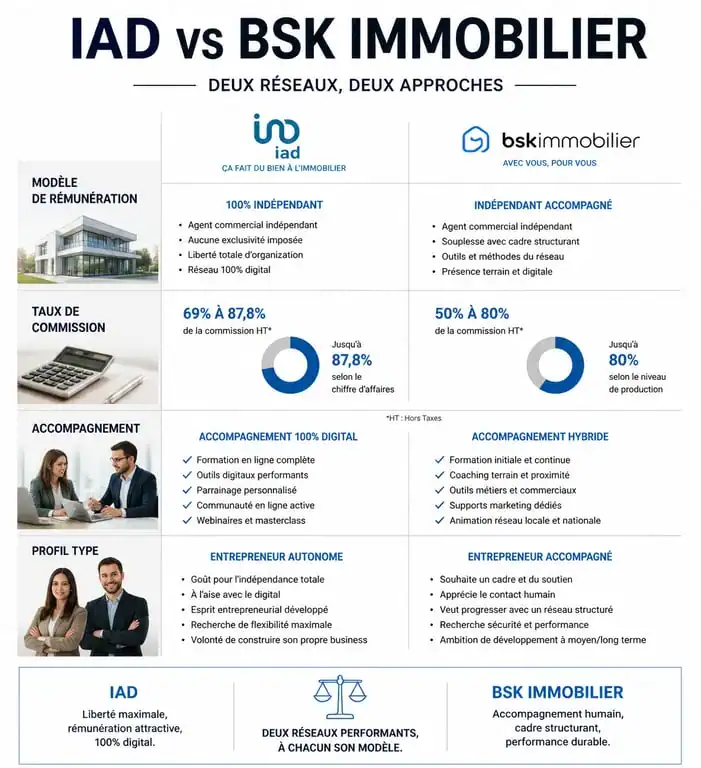 Comparatif des réseaux immobiliers IAD et BSK Immobilier : points clés pour choisir son réseau de mandataires