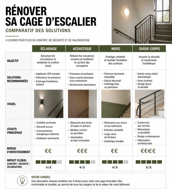 Infographie des solutions de rénovation pour cage d'escalier d'immeuble