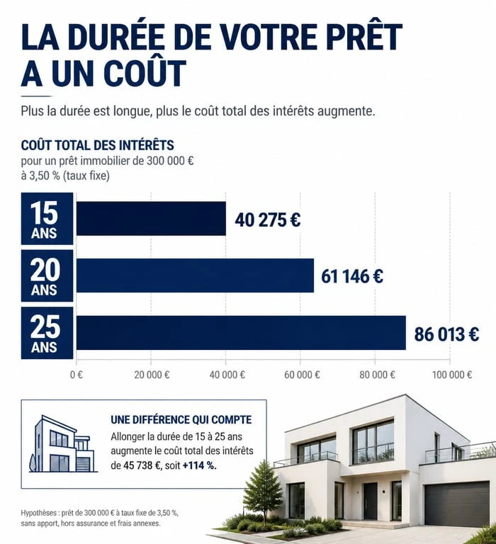 Infographie montrant le coût total d'un crédit immobilier selon la durée de l'emprunt