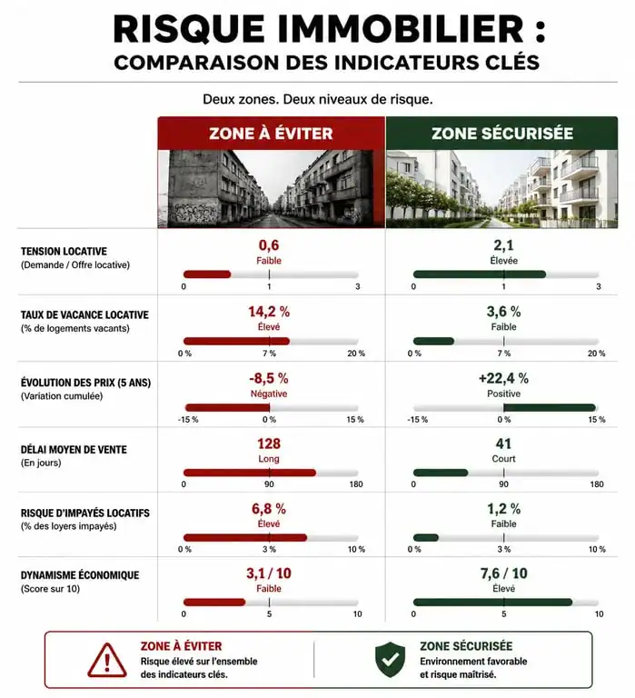 Infographie des indicateurs de risque pour un investissement immobilier neuf Pinel