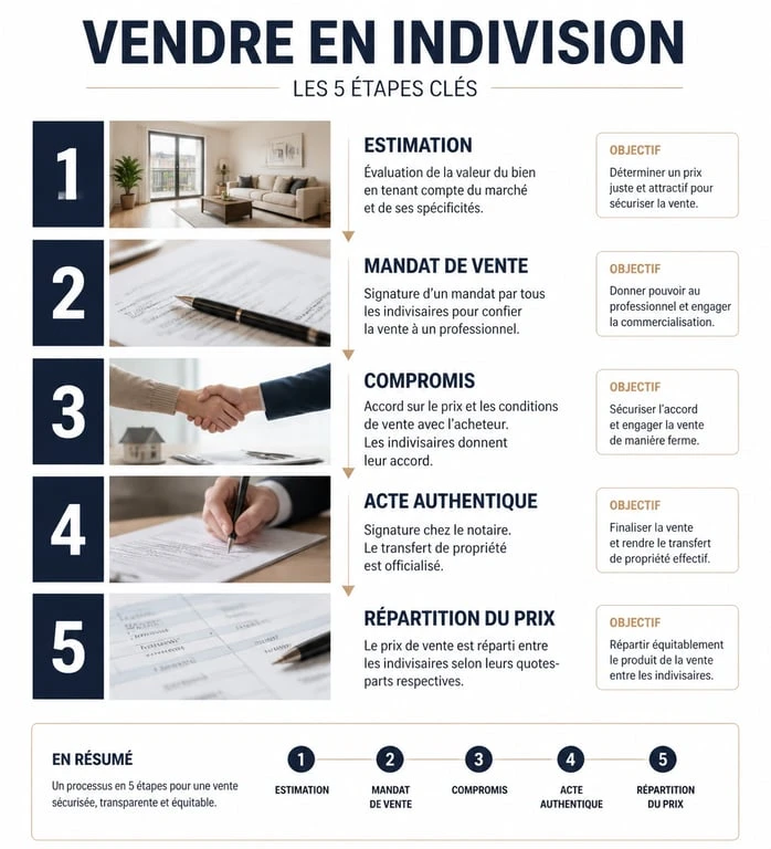 Infographie des étapes de la vente d'une maison en indivision entre frère et sœur