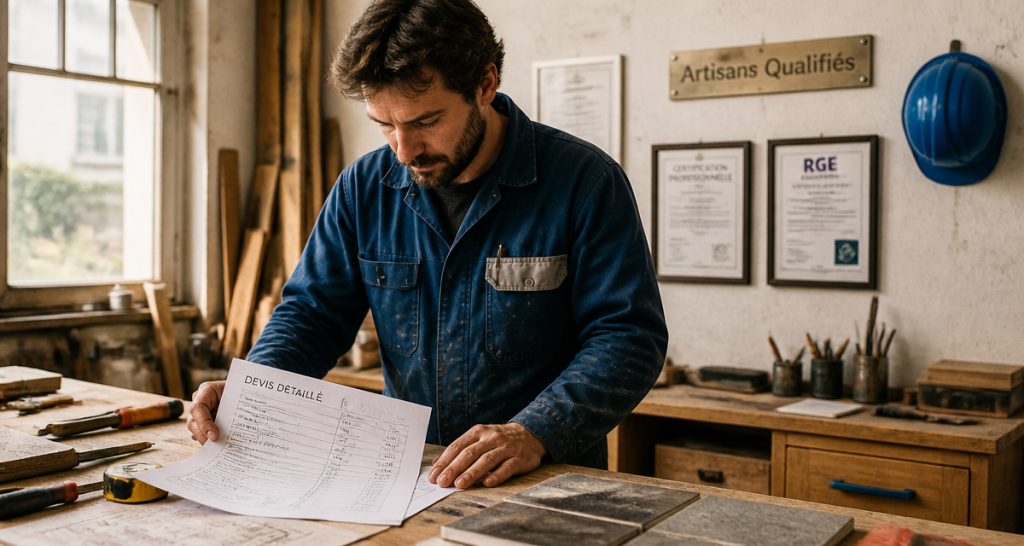 Les artisans du batiment consultant un devis