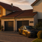 maison mitoyenne par le garage moderne en fin de journée