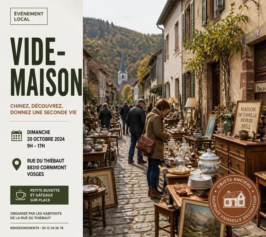 Ambiance d'un vide maison 88 dans les Vosges avec objets de brocante et chineurs