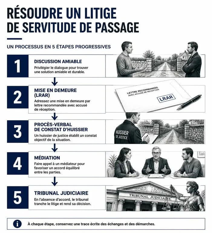 Infographie du processus de résolution d'un litige pour abus de droit de servitude de passage