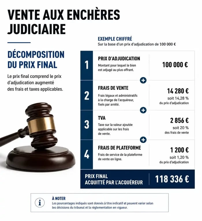 Décomposition des coûts d'une vente aux enchères sur liquidation judiciaire : prix, frais et taxes