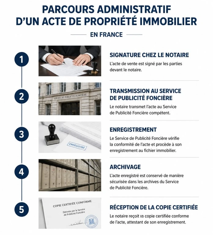 Infographie du parcours administratif de l'acte de propriété d'une maison
