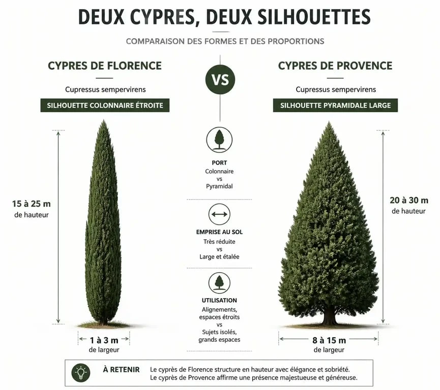 Infographie comparative des différences entre le cyprès de Florence et le cyprès de Provence