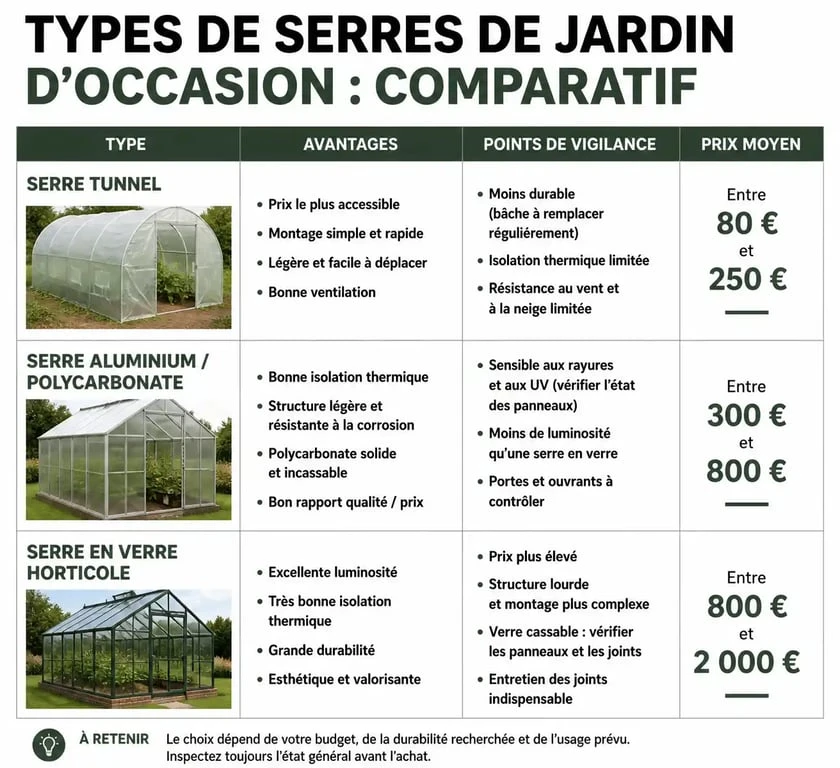 Tableau comparatif des types de serres de jardin d'occasion : tunnel, aluminium et verre pour aider à choisir sa serre à vendre entre particuliers.
