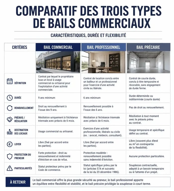 Tableau comparatif des types de baux pour local pour entreprise : commercial, professionnel et dérogatoire