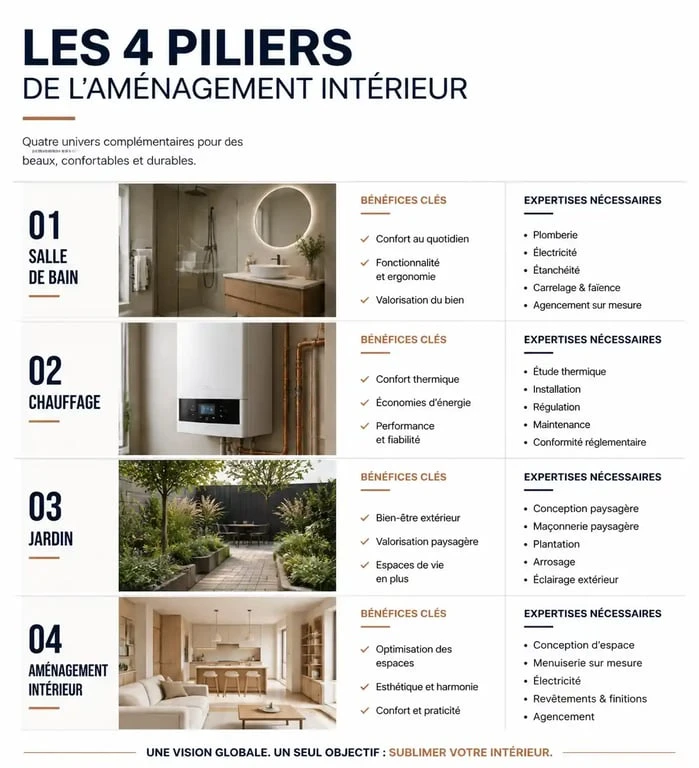 Infographie des solutions pour mon aménagement maison : salle de bain, chauffage, jardin et intérieur