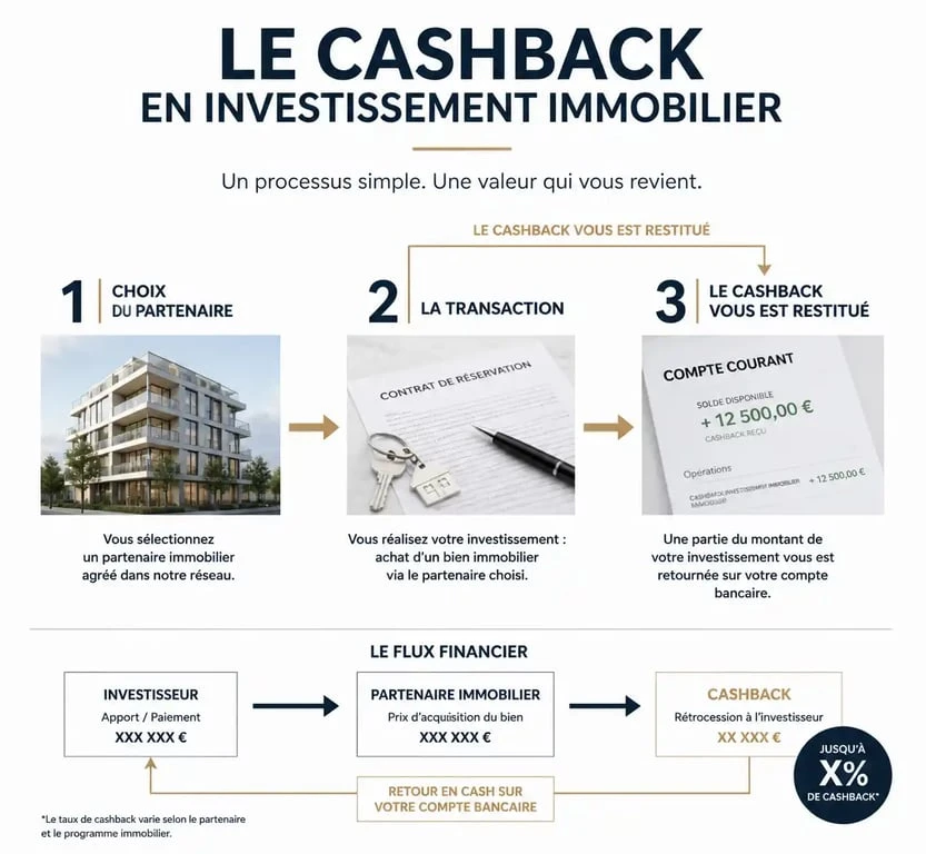 Schéma explicatif du fonctionnement du cashback avec Immocompare pour l'investissement immobilier