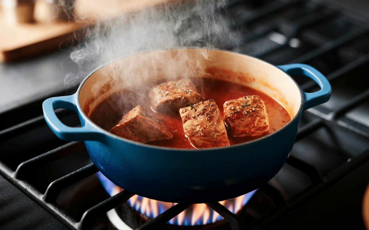 Cuisson de daube de sanglier en cocotte en fonte avec viande dorée
