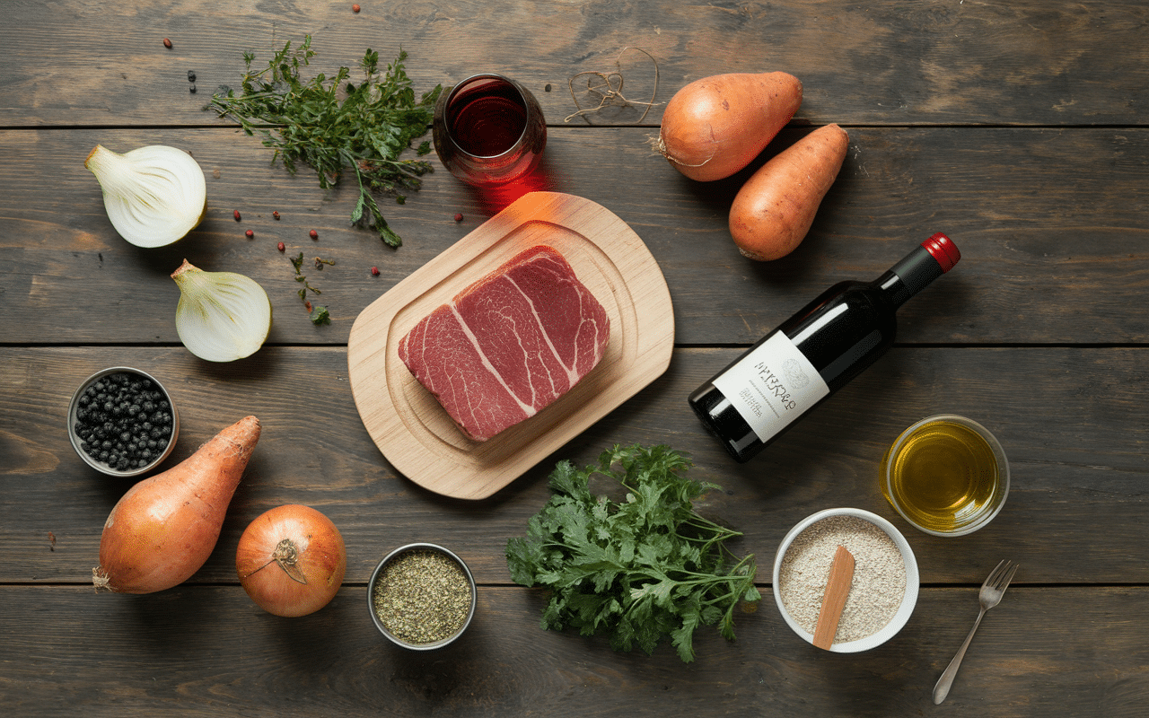 Ingrédients pour daube de sanglier sur table en bois vue aérienne