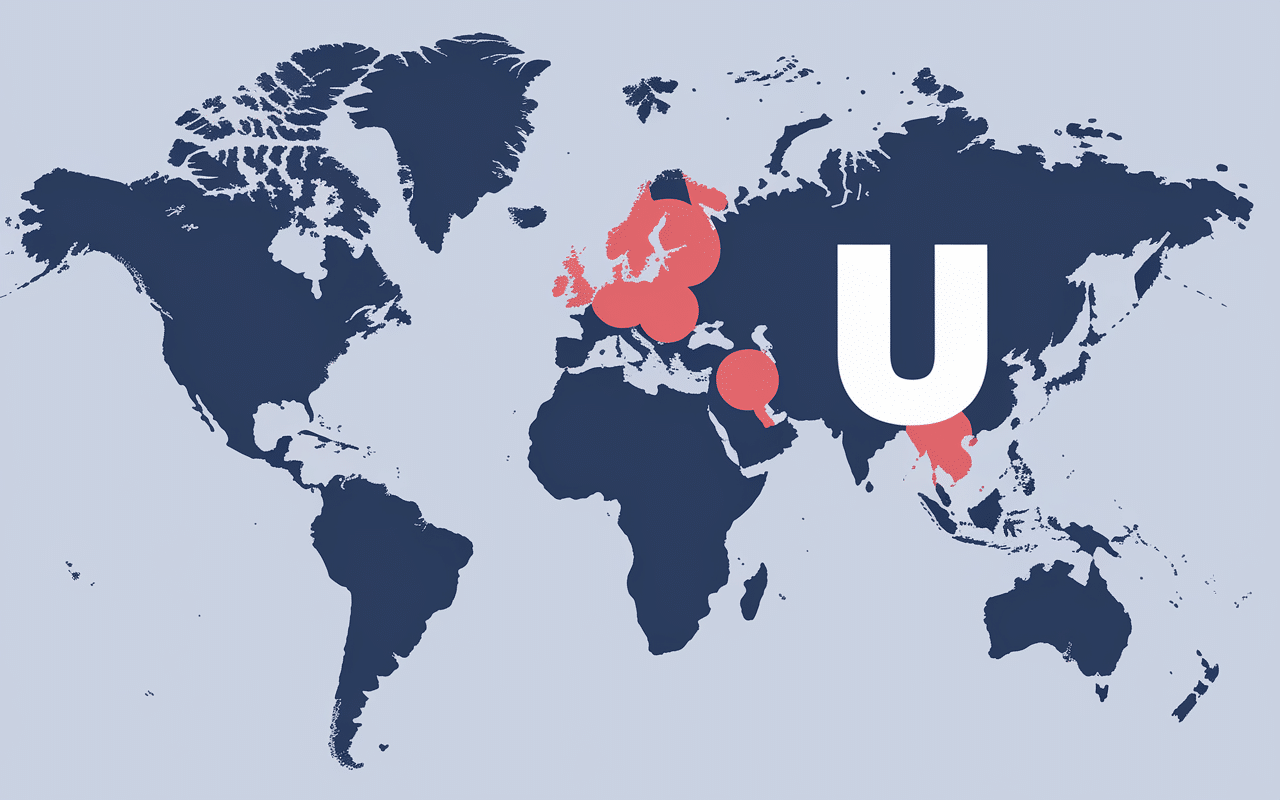 Carte du monde avec U et points lumineux