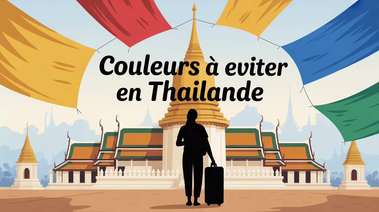 Voyageur avec valise devant temple bouddhiste, couleurs jaune rouge bleu vert