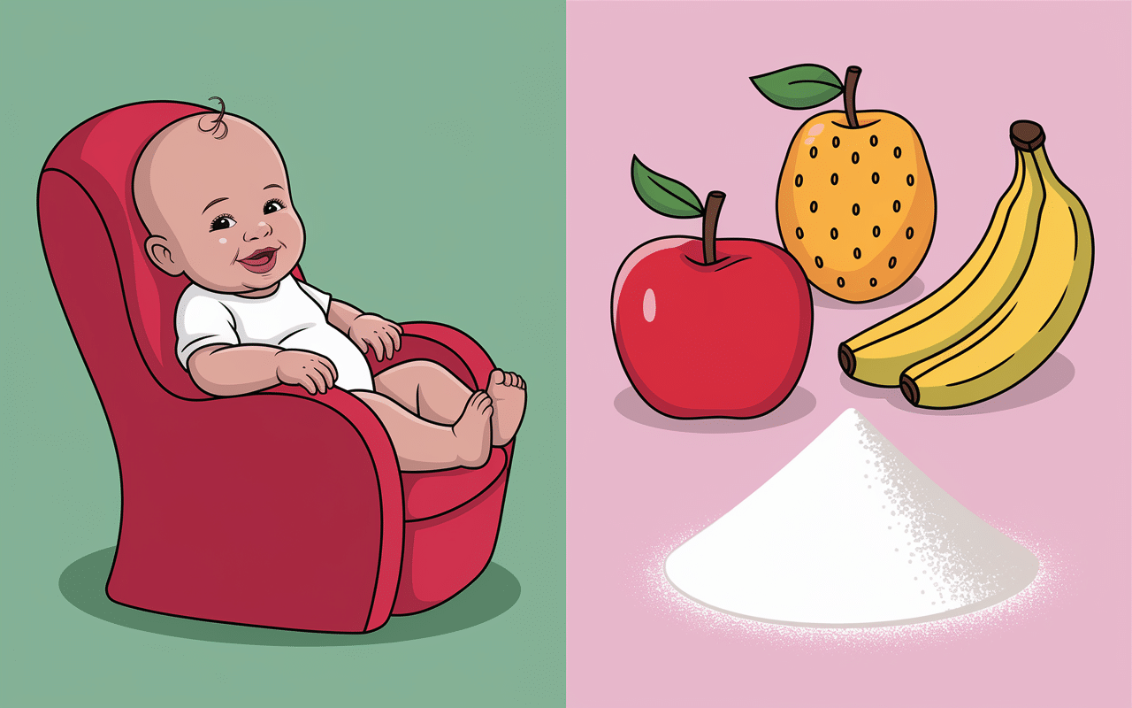 Bébé heureux avec fruits vs sucre barré