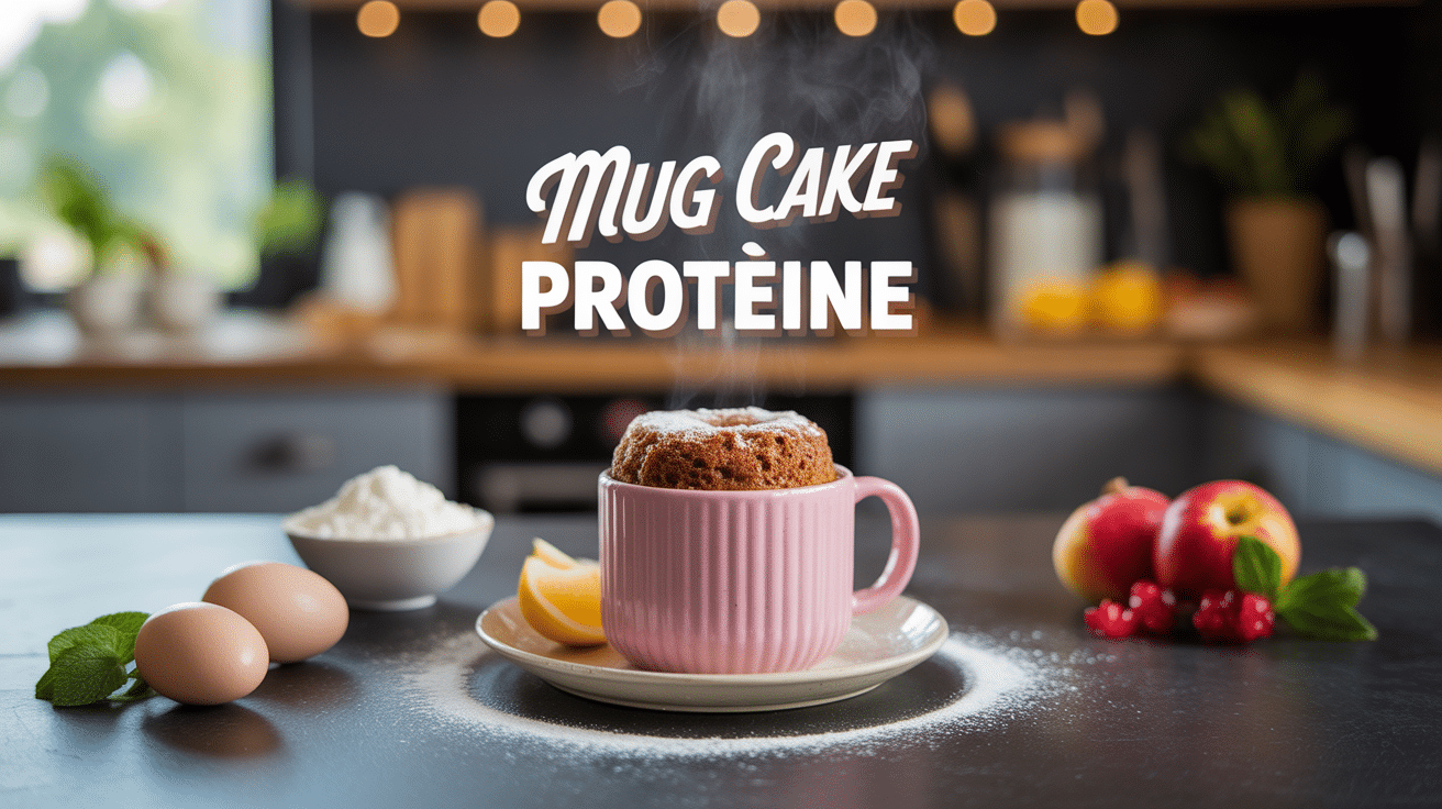 Mug cake protéiné chaud, moelleux, ingrédients visibles, cuisine moderne