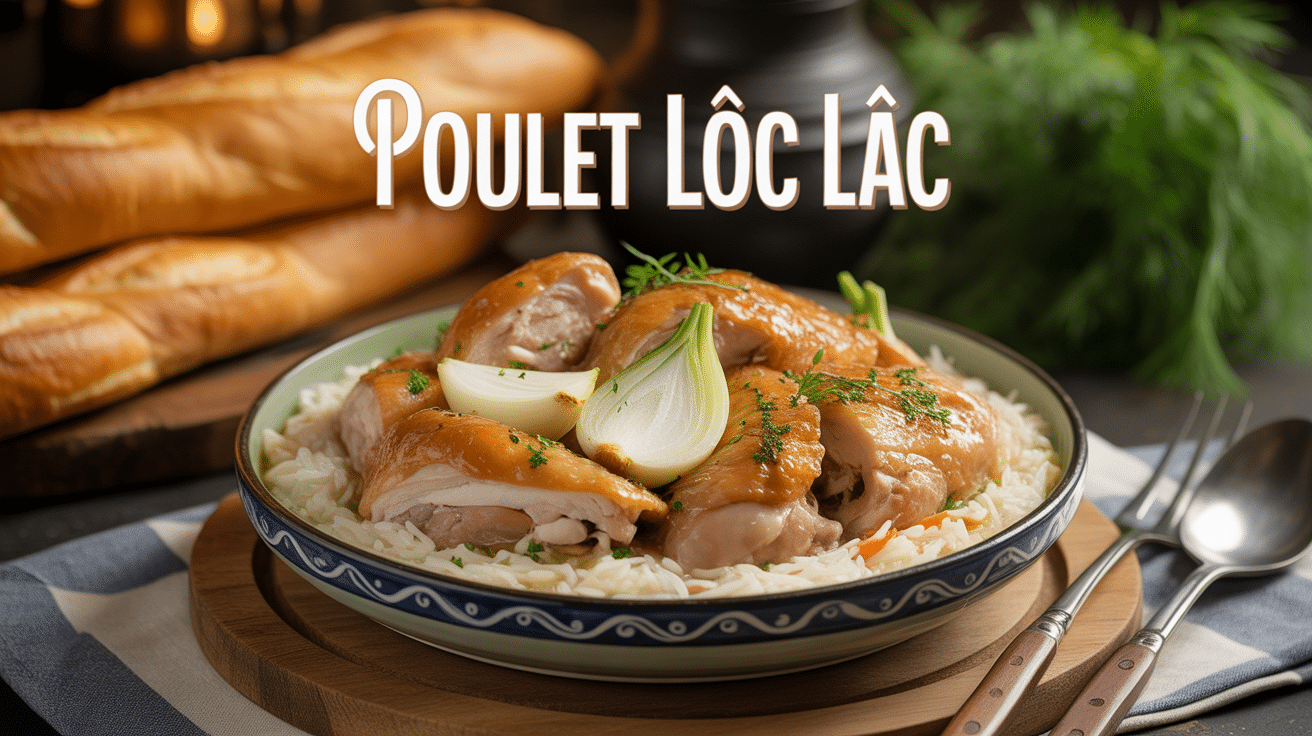 Poulet loc lac avec riz et oignons dans un bol