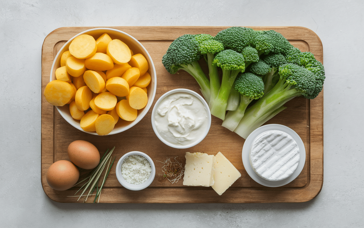 ingrédients gratin brocolis pomme de terre sur plan de travail